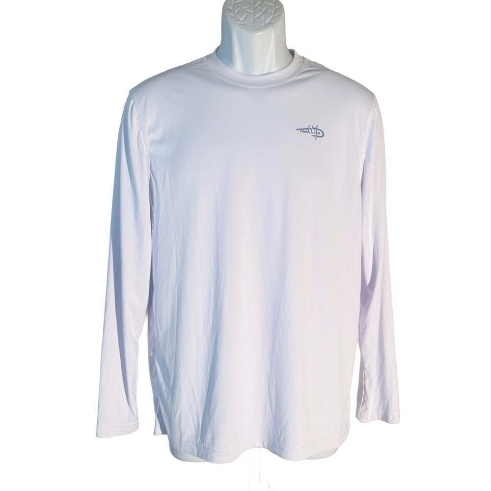 REEL LIFE Men's Long Sleeve Pull Over Fishing American Flag  T-Shirt White Small